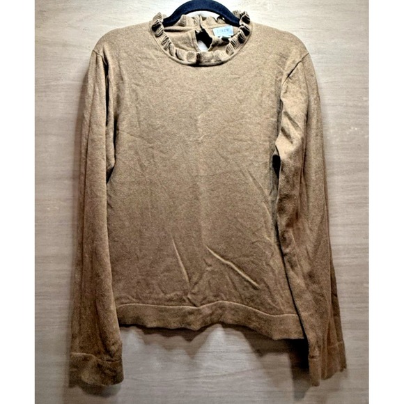 J.CREW Sweaters - J. Crew Ruffle Neck Carmel Brown Sweater Pearl Button Size L Style AS298